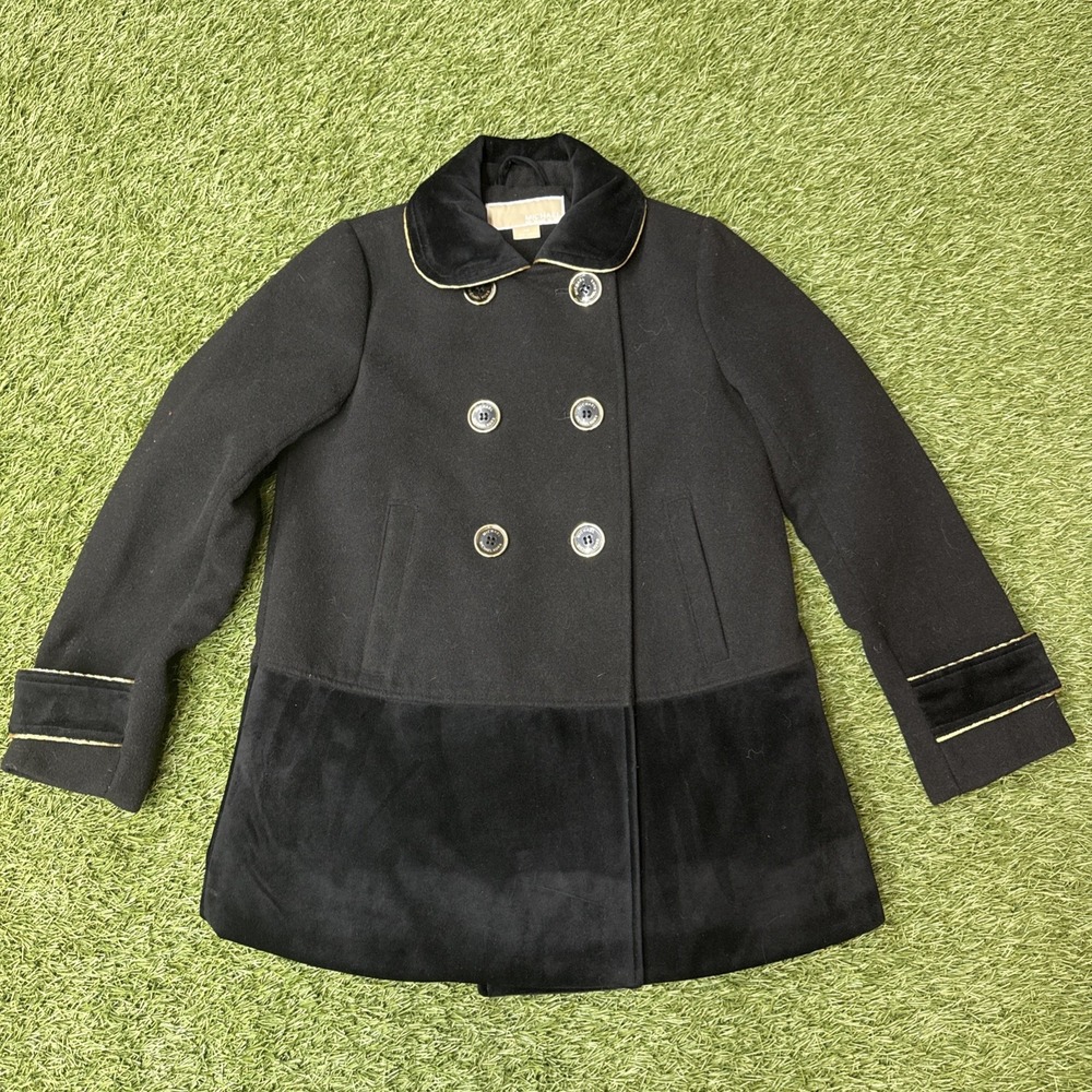 MICHAEL KORS Girls Black Pea Coat Jacket Double Breasted, Black Gold - Size 7/8